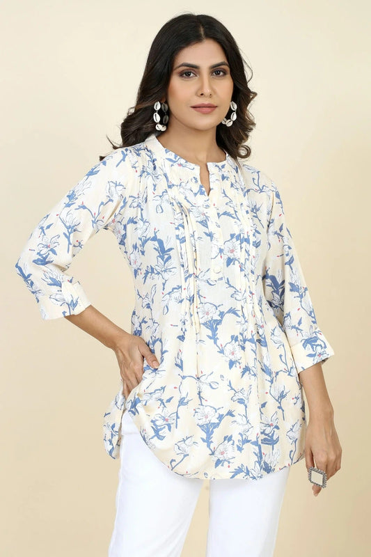 White Colour Rayon Printed Work Readymade Top TP1110749