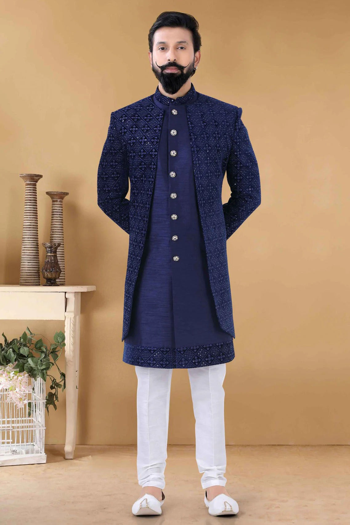 White Colour Silk Indo Western Sherwani SH1130033