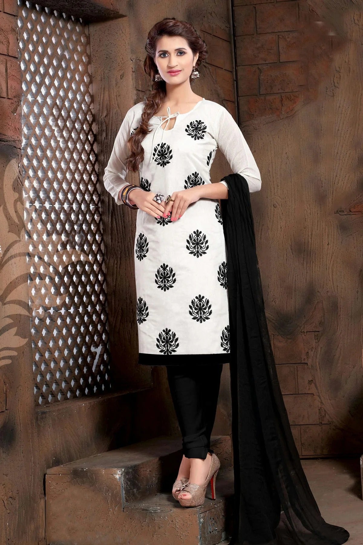 White Colour Unstitched Modal Cotton Churidar Suit US1161205