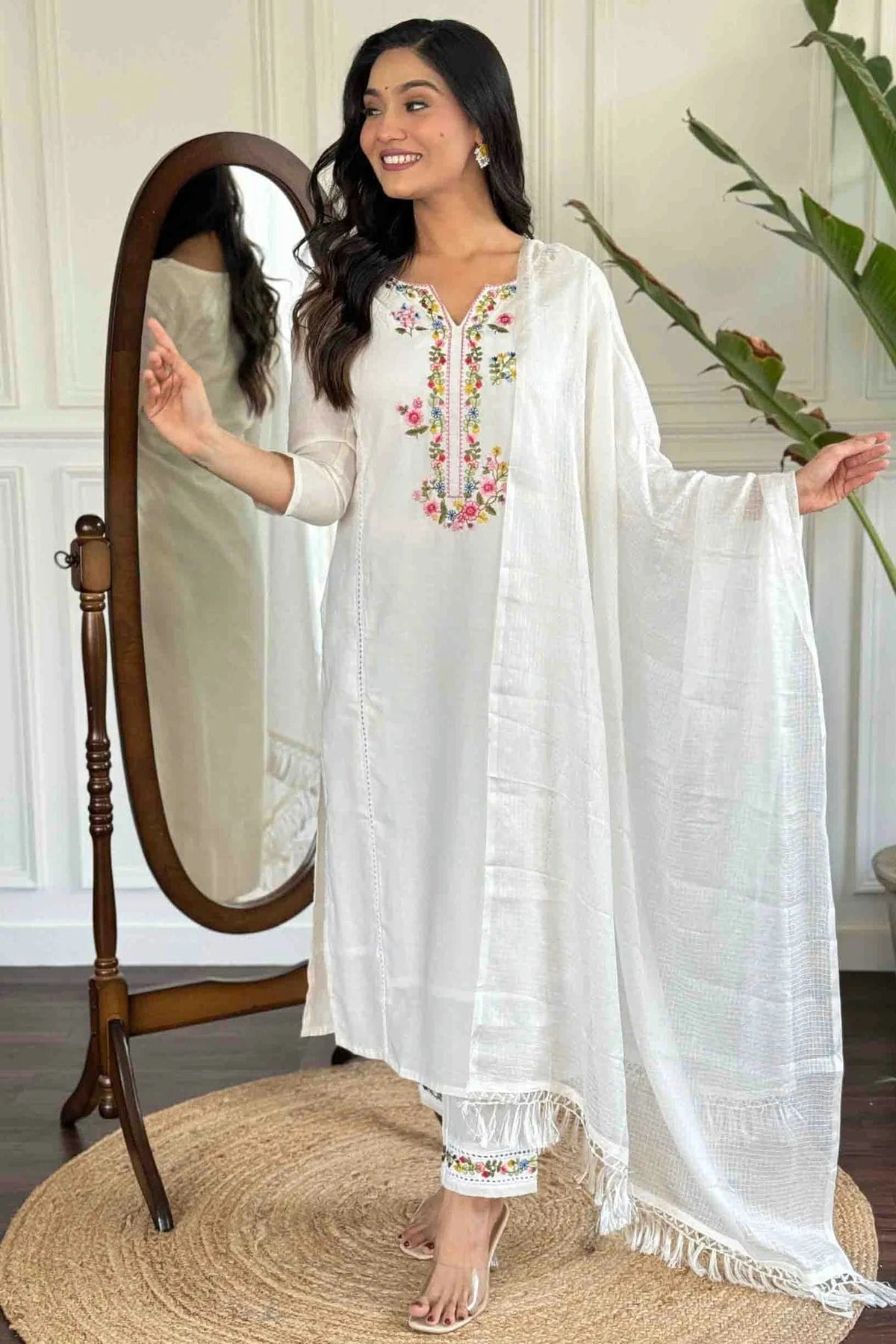 White Colour Viscose Chanderi Stitched Suit SS1112989