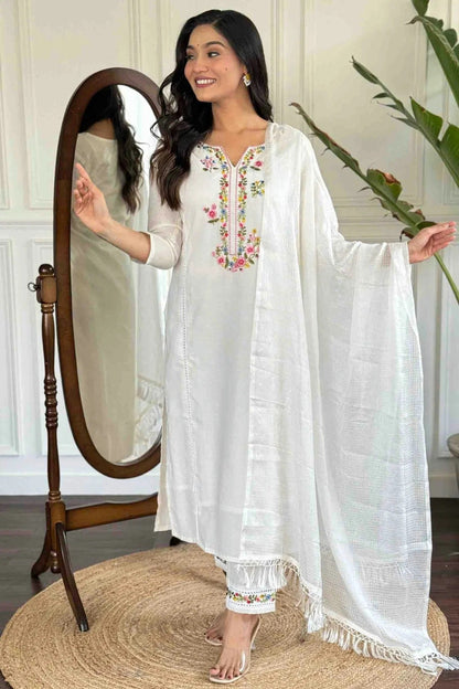 White Colour Viscose Chanderi Stitched Suit SS1112989