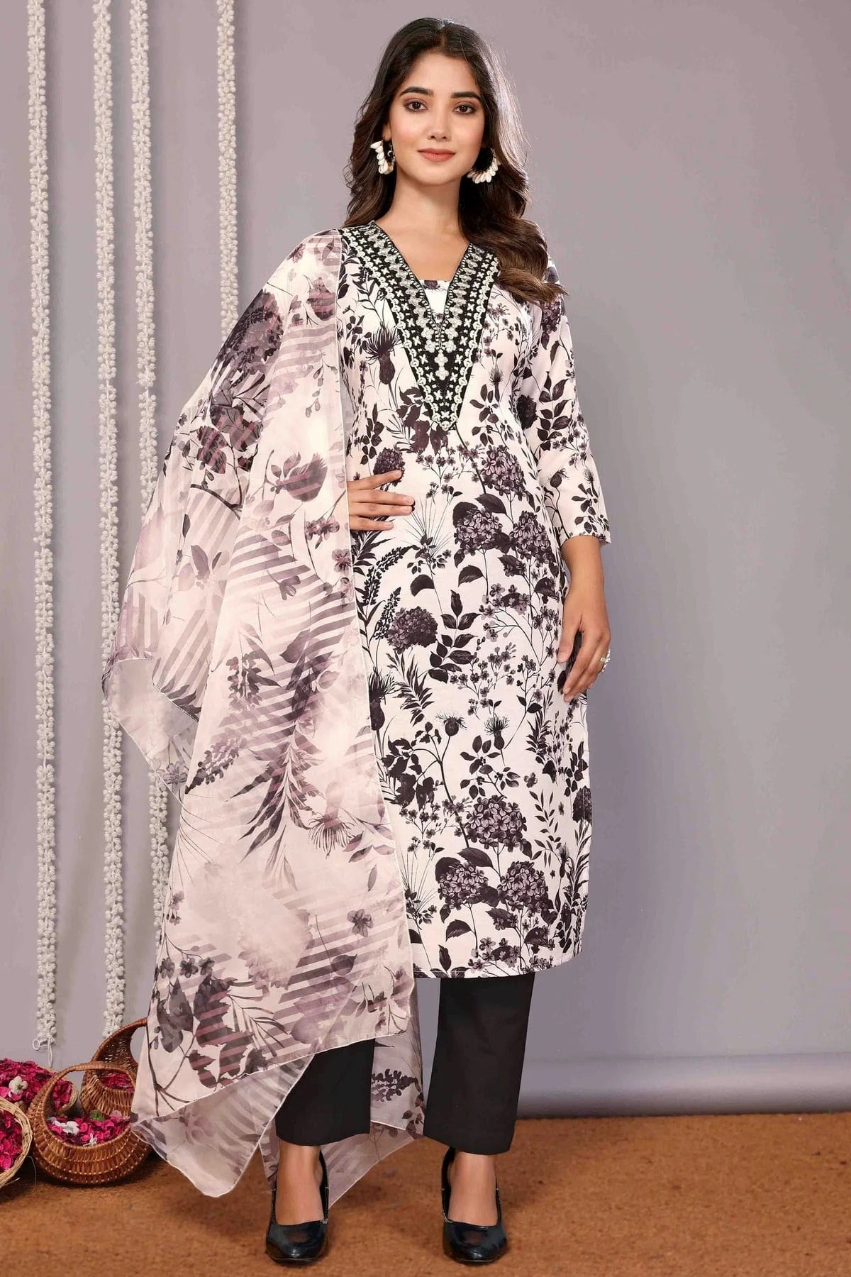 White and Black Colour Cotton Blend Stitched Suit SS1113334