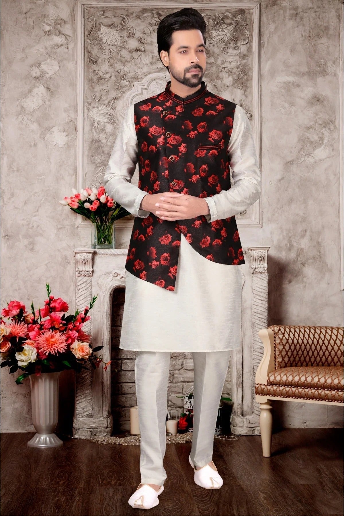 White and Black Colour Kurta Pajama With Jacket In Silk Dupion Fabric KP1040184