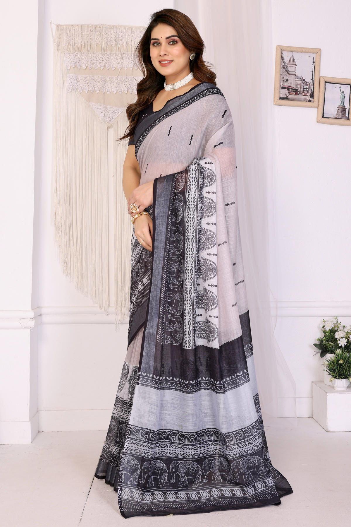 White and Black Colour Linen Cotton Printed Saree
