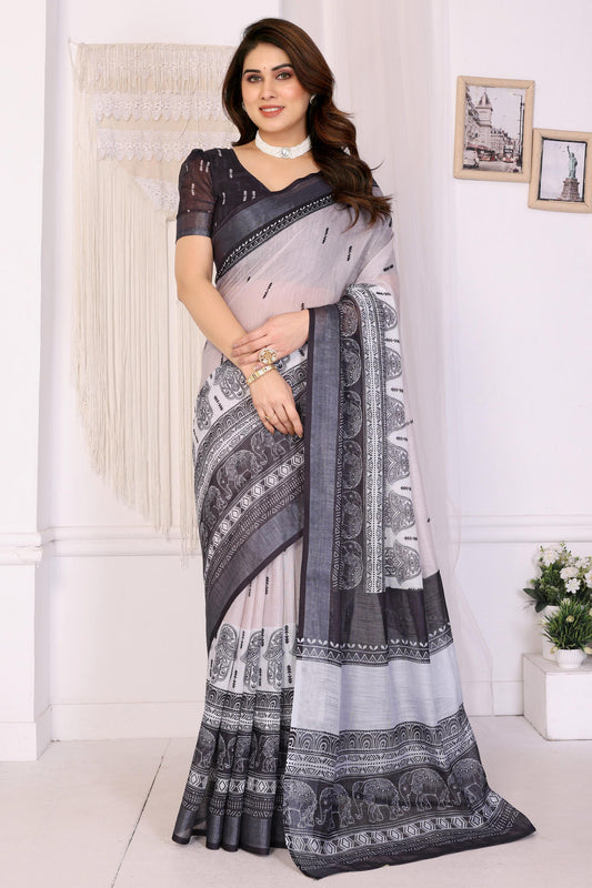 White and Black Colour Linen Cotton Printed Saree
