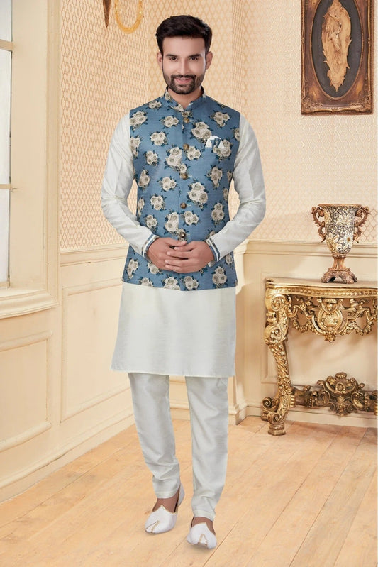 White and Blue Colour Kurta Pajama With Jacket In Silk Dupion Fabric KP1040176