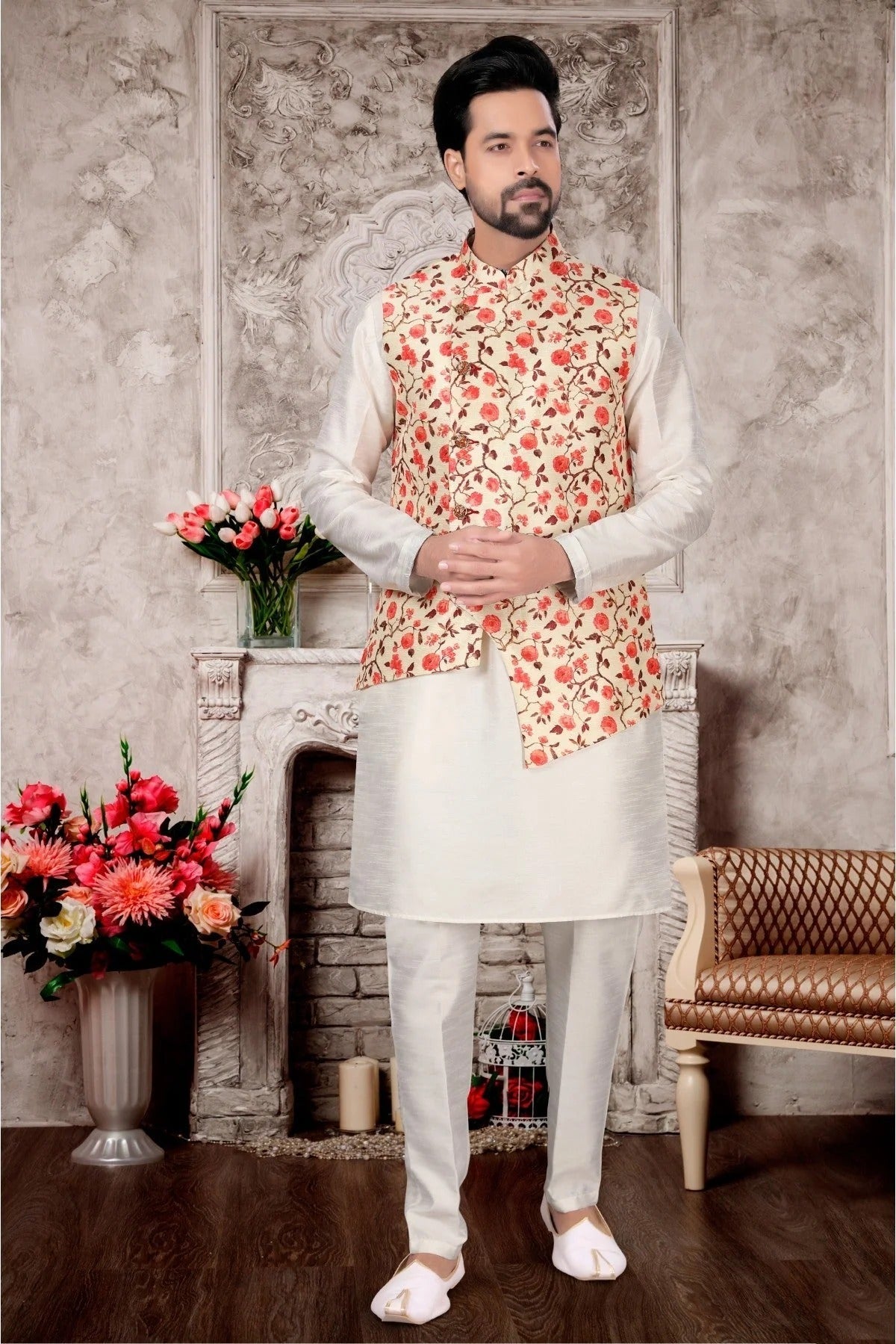 White and Cream Colour Kurta Pajama With Jacket In Silk Dupion Fabric KP1040182
