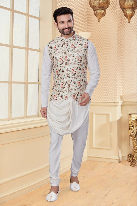 White and Cream Colour Kurta Pajama With Jacket In Soft Silk Fabric KP1040180