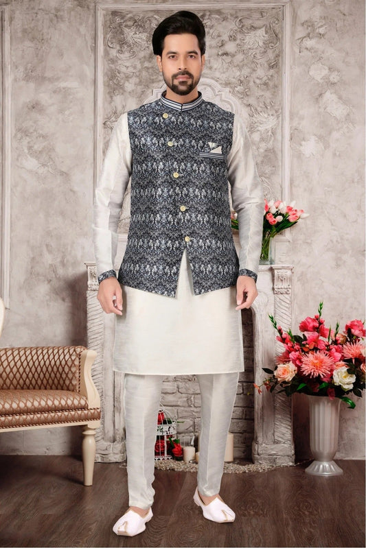 White and Multicolour Colour Kurta Pajama With Jacket In Silk Dupion Fabric KP1040183