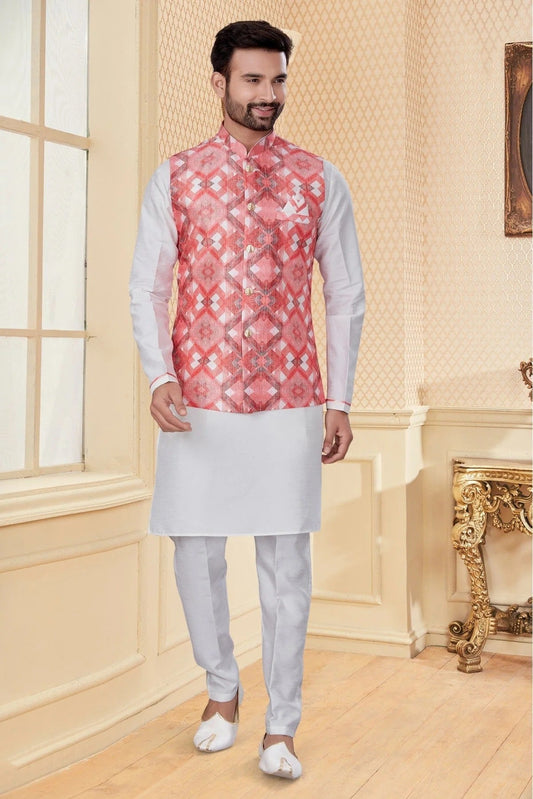 White and Pink Colour Kurta Pajama With Jacket In Silk Dupion Fabric KP1040179