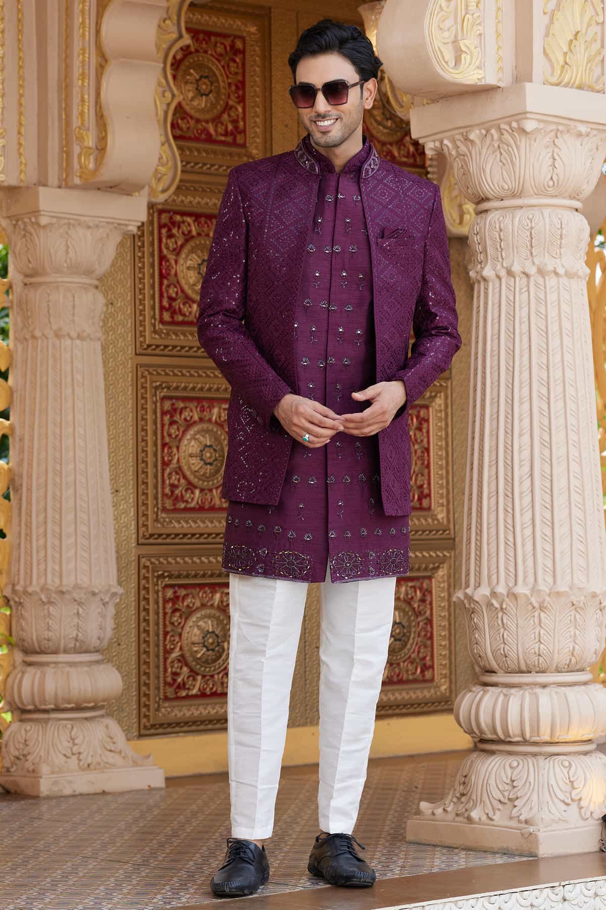 Wine Colour Art Silk Embroidery Work 3 Pcs Indo Western