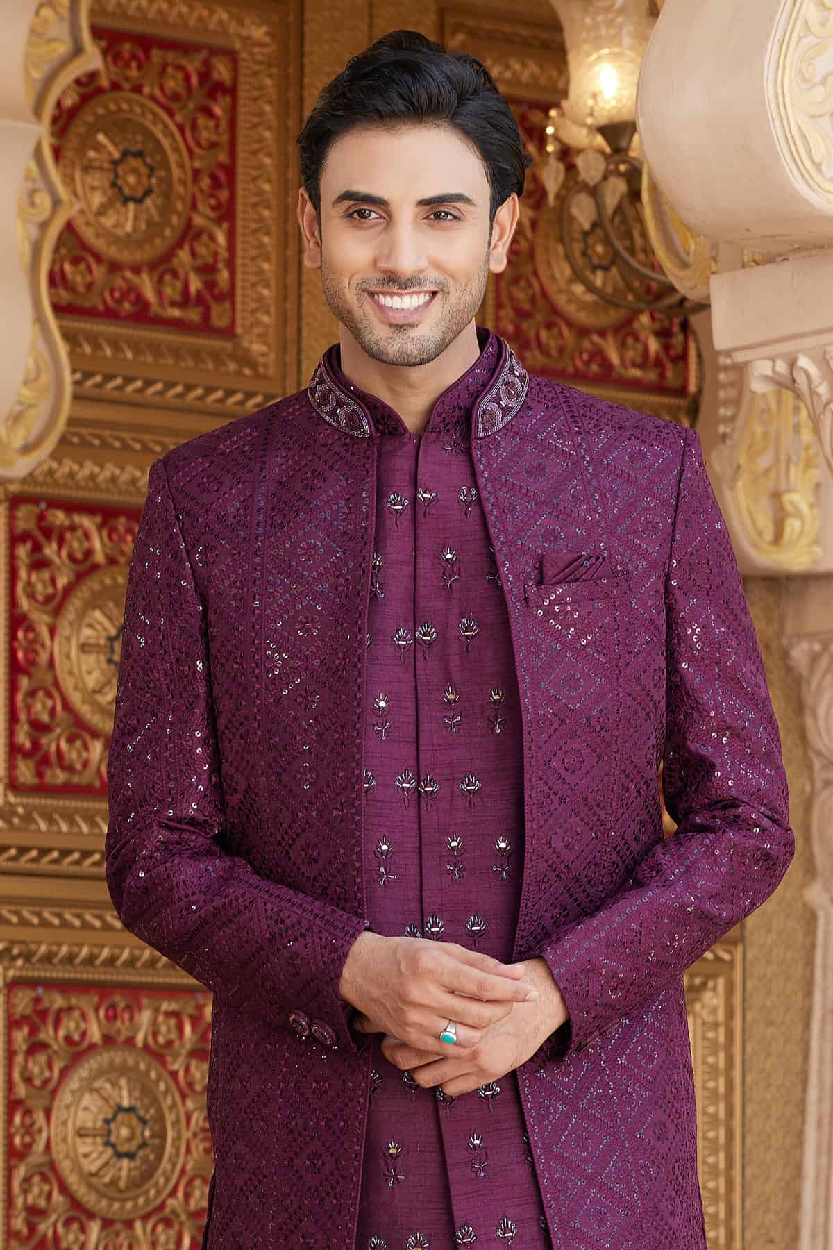 Wine Colour Art Silk Embroidery Work 3 Pcs Indo Western