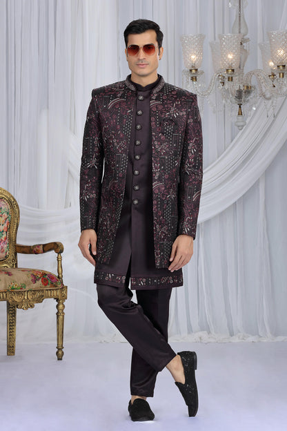 Wine Colour Art Silk Embroidery Work 3 Pcs Indo Western Sherwani