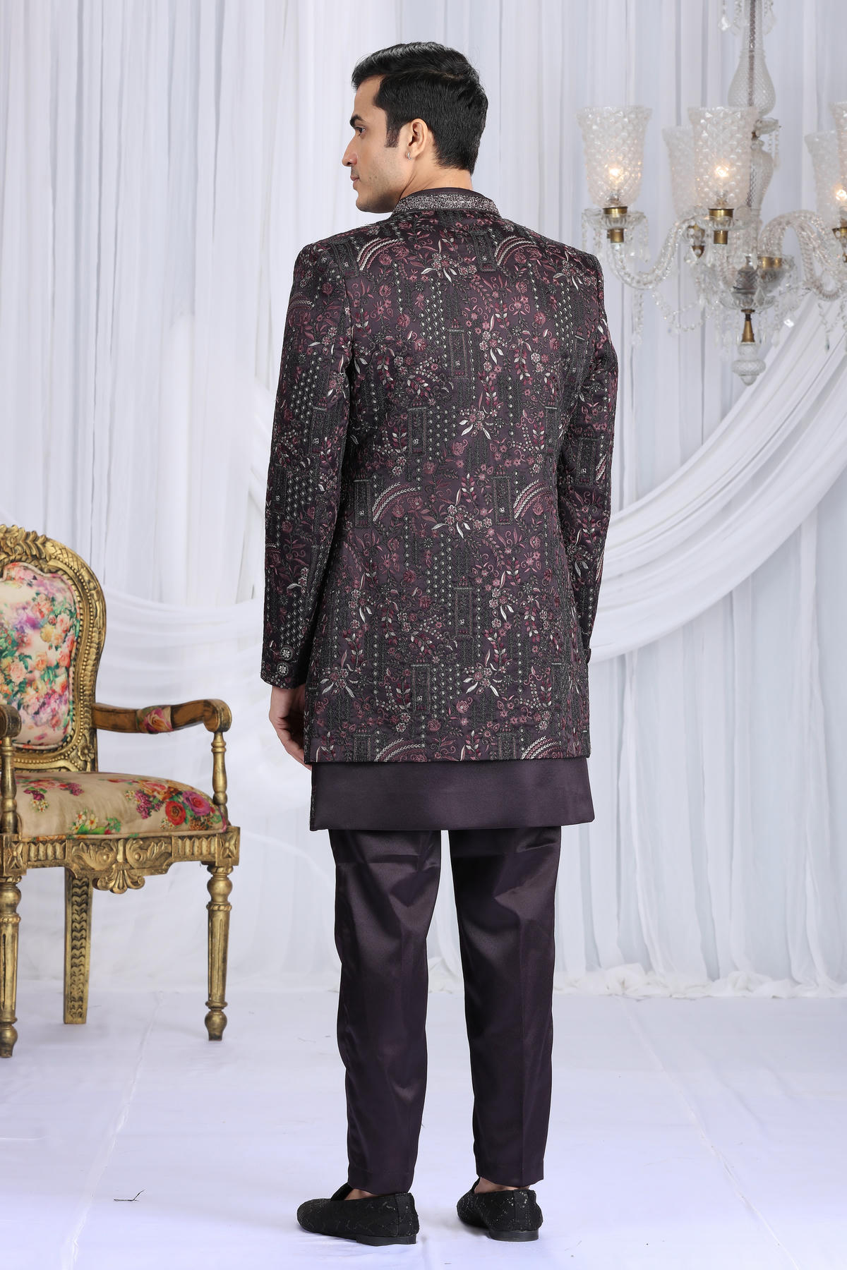 Wine Colour Art Silk Embroidery Work 3 Pcs Indo Western Sherwani
