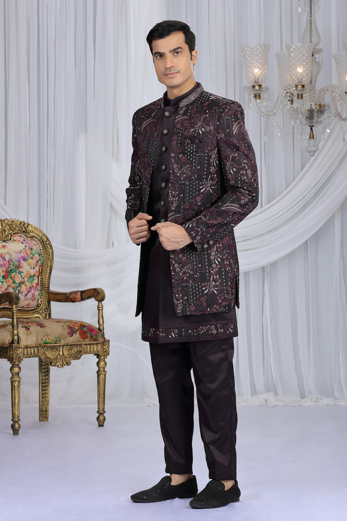 Wine Colour Art Silk Embroidery Work 3 Pcs Indo Western Sherwani