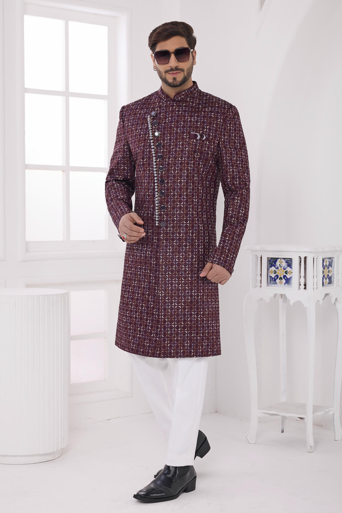 Wine Colour Art Silk Embroidery Work Sherwani