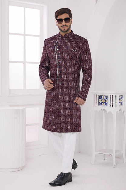 Wine Colour Art Silk Embroidery Work Sherwani