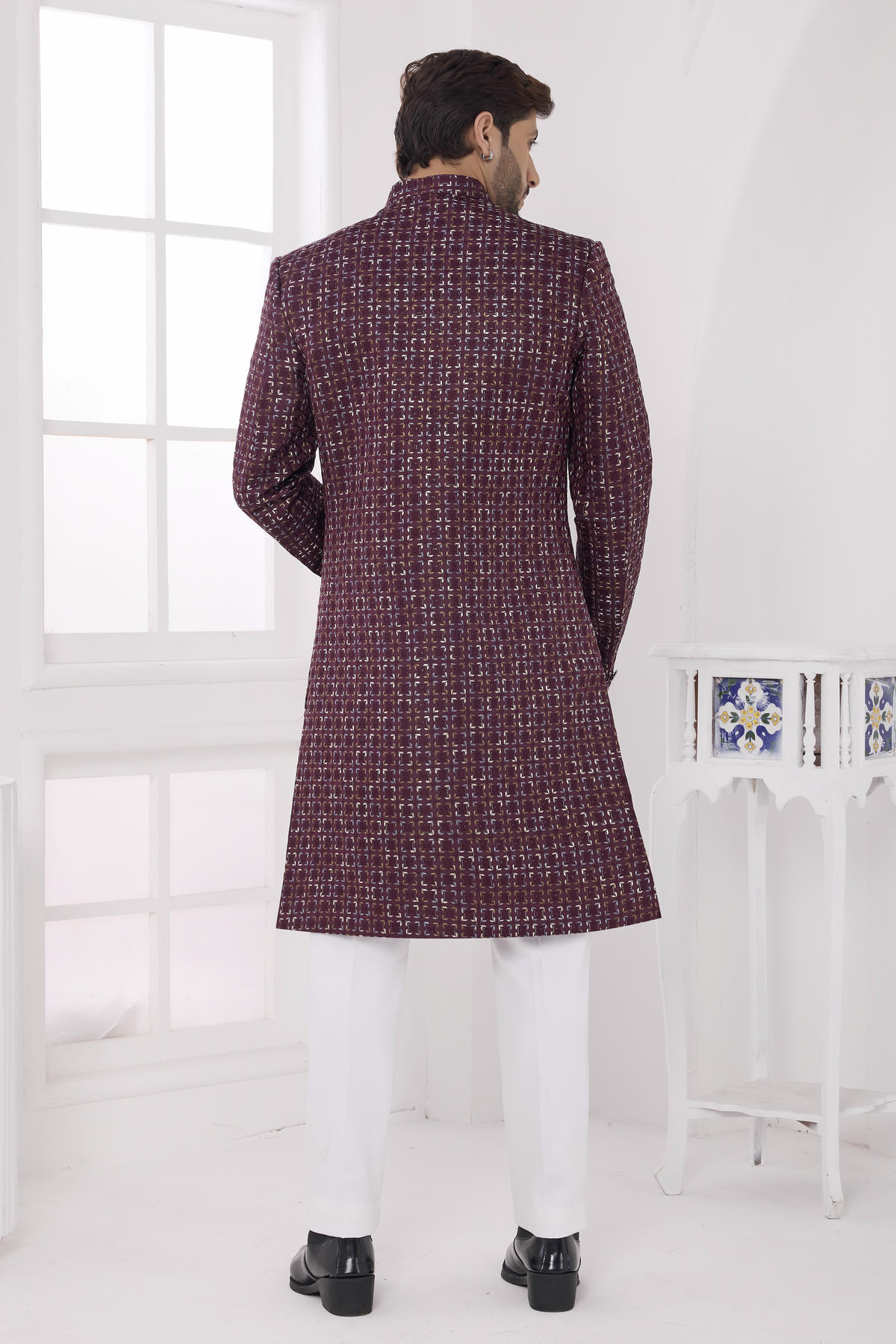 Wine Colour Art Silk Embroidery Work Sherwani