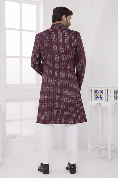 Wine Colour Art Silk Embroidery Work Sherwani