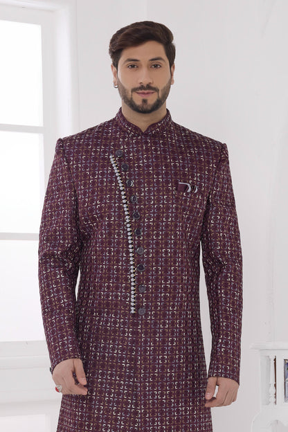Wine Colour Art Silk Embroidery Work Sherwani