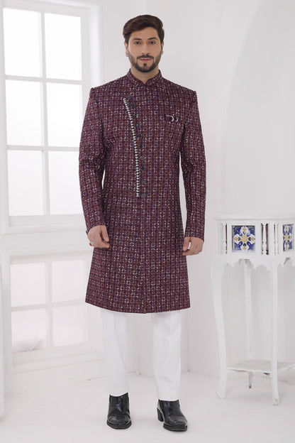 Wine Colour Art Silk Embroidery Work Sherwani