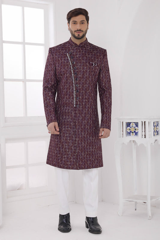 Wine Colour Art Silk Embroidery Work Sherwani