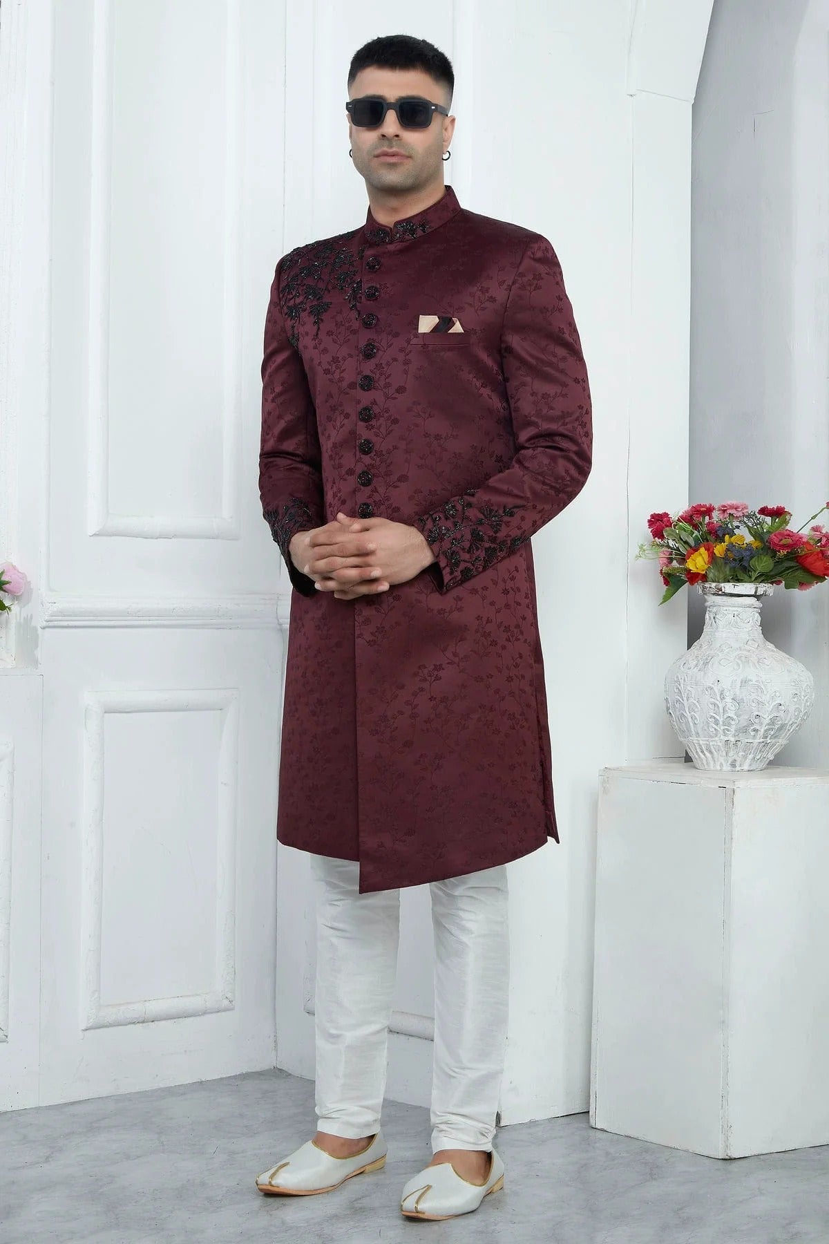 Wine Colour Art Silk Sherwani With Aligadhi Pant SH1230082 A