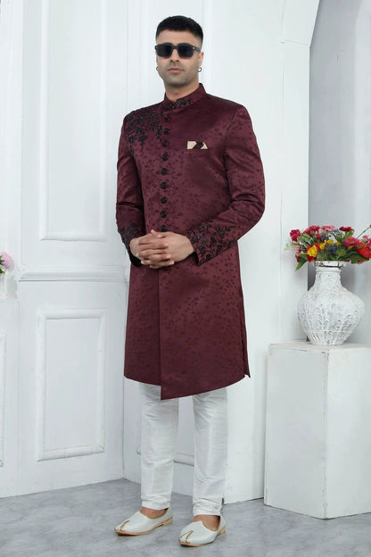 Wine Colour Art Silk Sherwani With Aligadhi Pant SH1230082 A