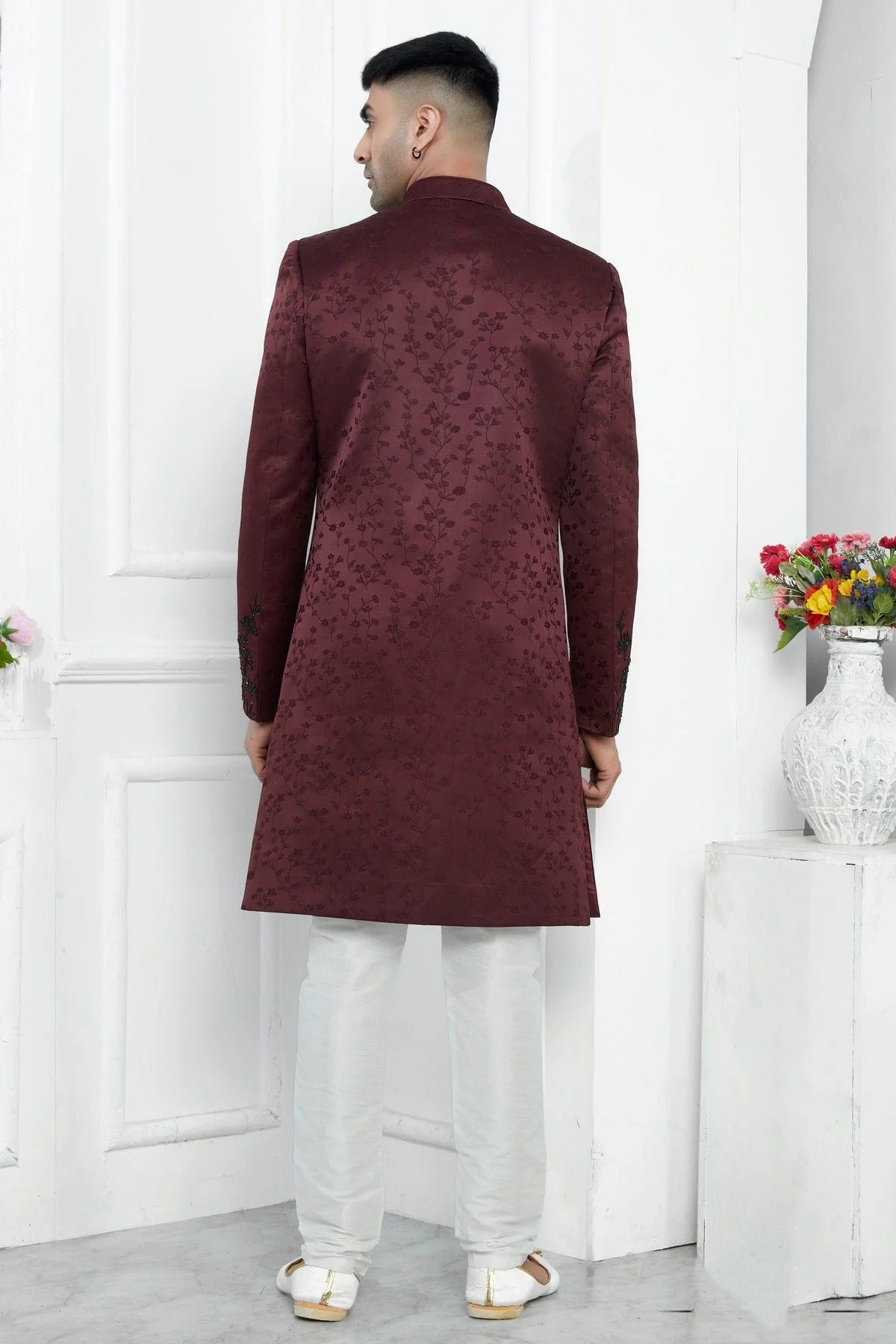 Wine Colour Art Silk Sherwani With Aligadhi Pant SH1230082 B
