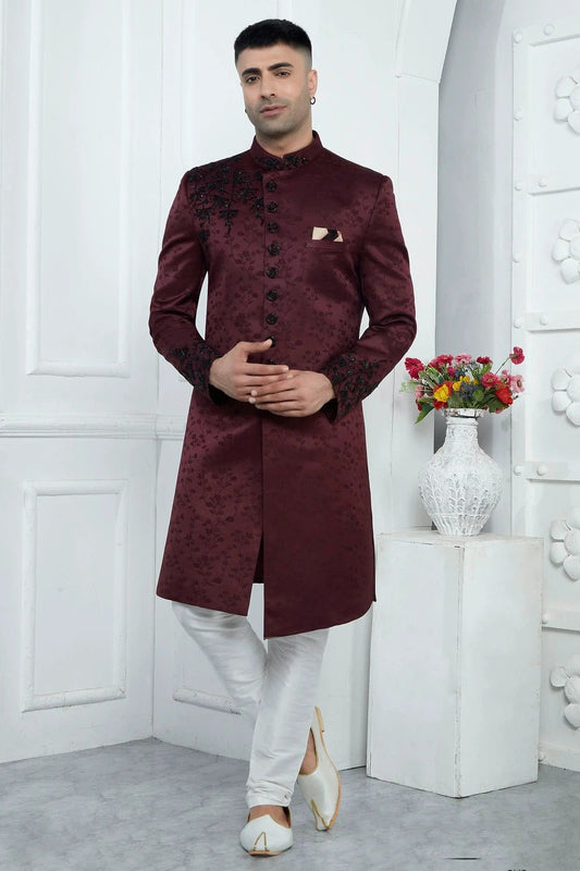 Wine Colour Art Silk Sherwani With Aligadhi Pant SH1230082