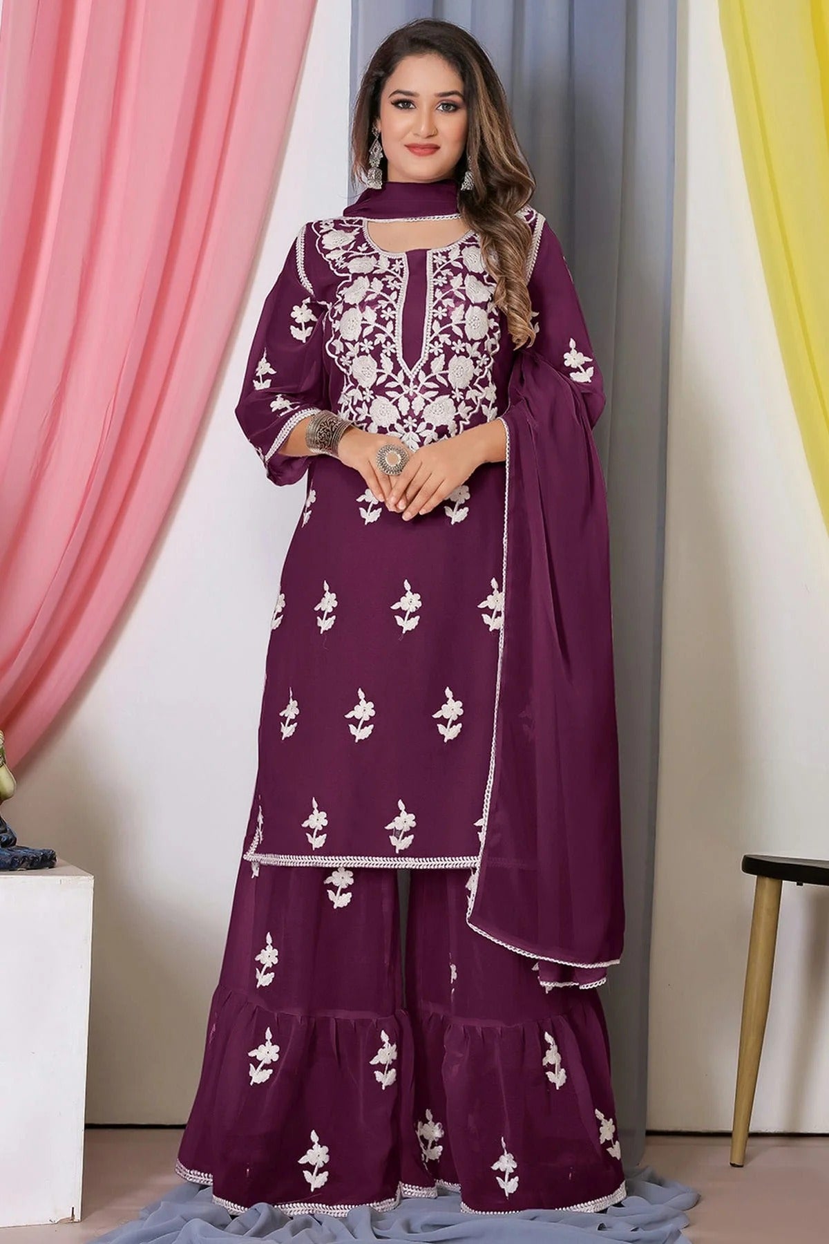 Wine Colour Bamber Georgette Sharara Suit SM1110572