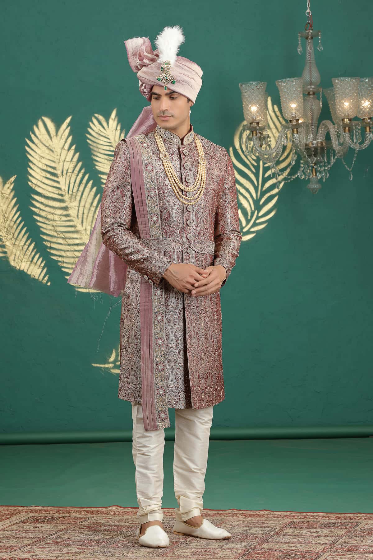 Wine Colour Banarasi Jacquard Embroidery Sherwani