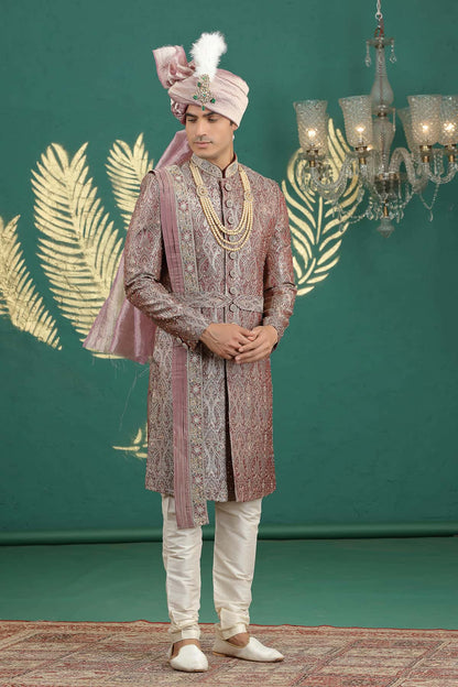 Wine Colour Banarasi Jacquard Embroidery Sherwani