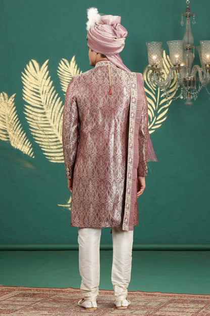 Wine Colour Banarasi Jacquard Embroidery Sherwani