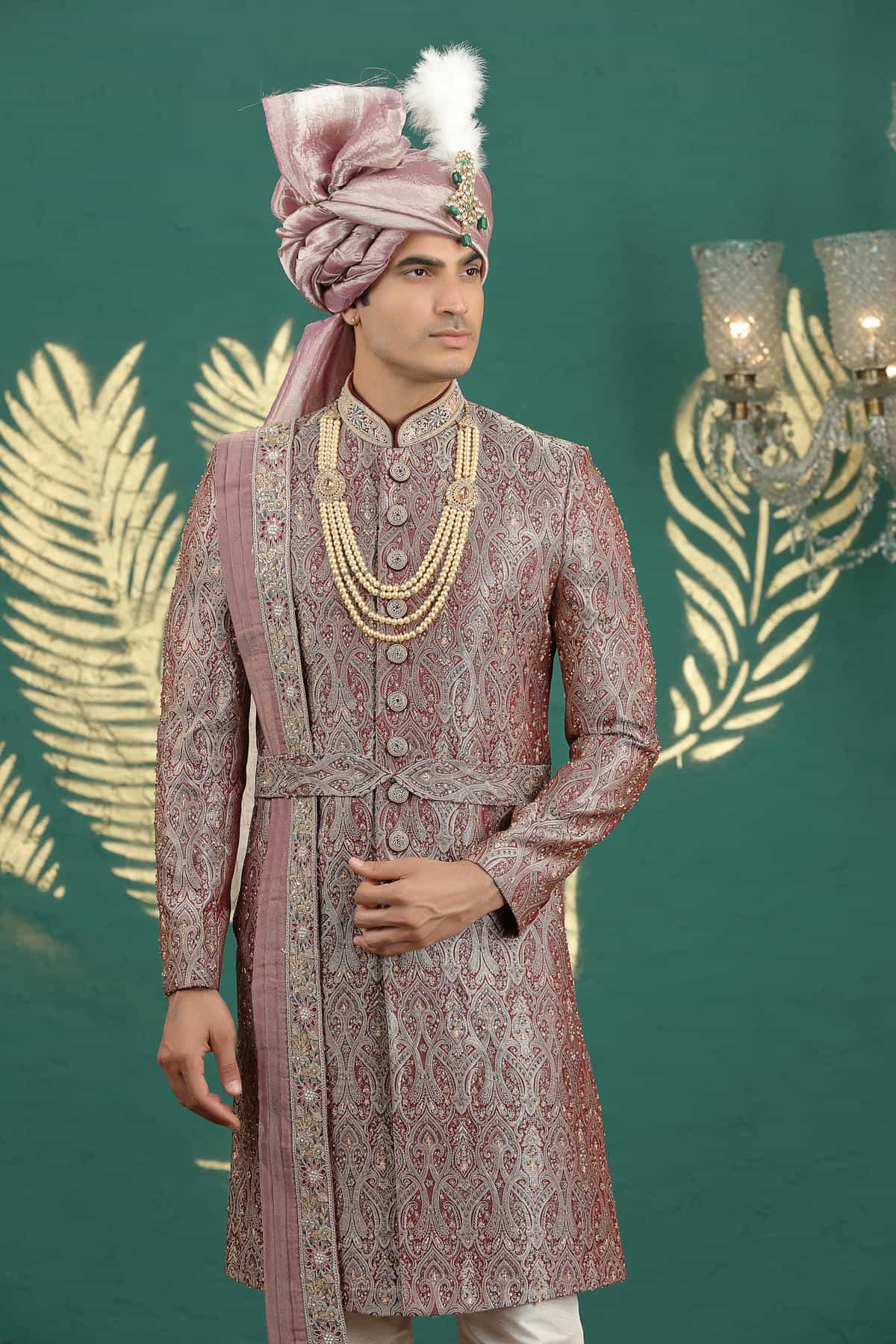Wine Colour Banarasi Jacquard Embroidery Sherwani