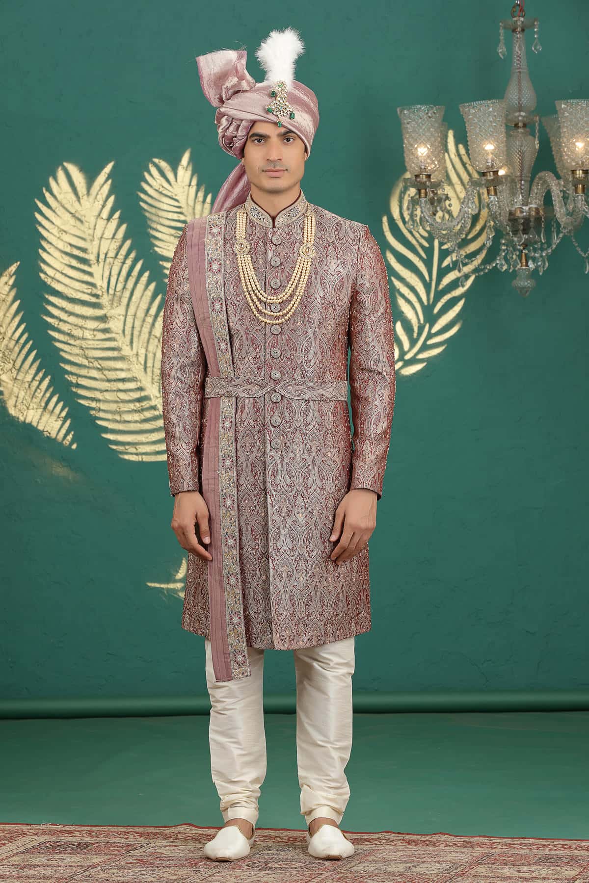 Wine Colour Banarasi Jacquard Embroidery Sherwani