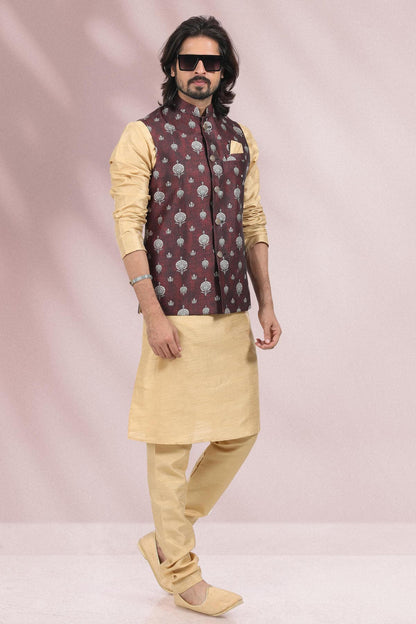 Wine Colour Banarasi Silk Woven Work Kurta Pajama With Jacket