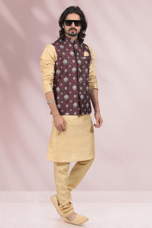 Wine Colour Banarasi Silk Woven Work Kurta Pajama With Jacket