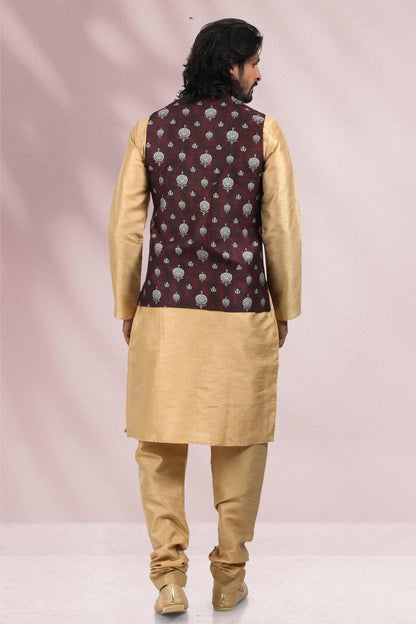 Wine Colour Banarasi Silk Woven Work Kurta Pajama With Jacket