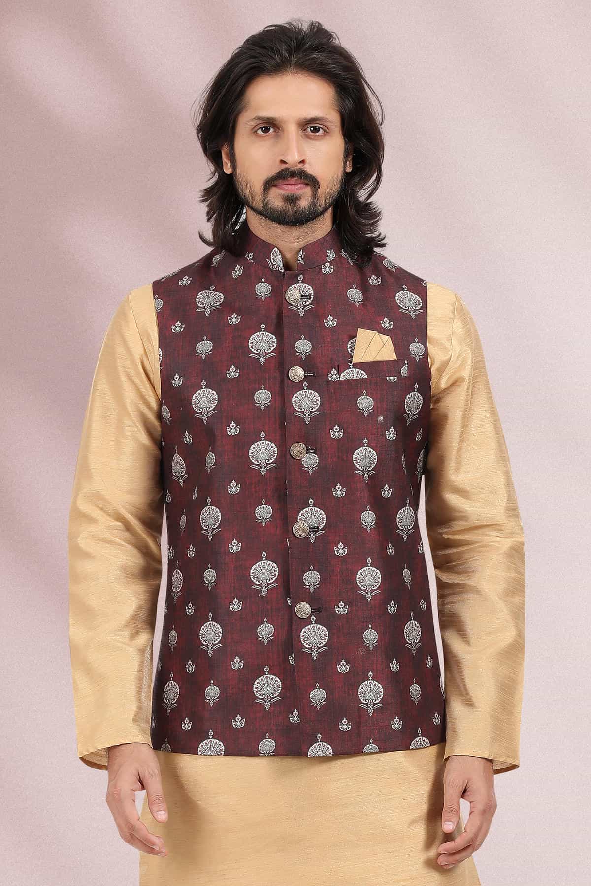 Wine Colour Banarasi Silk Woven Work Kurta Pajama With Jacket