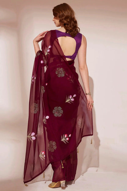 Wine Colour Blooming Organza Saree SD1110435 A
