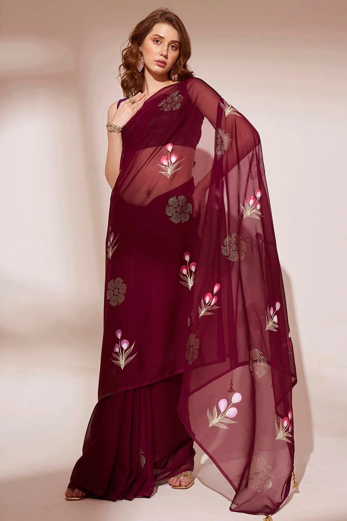 Wine Colour Blooming Organza Saree SD1110435