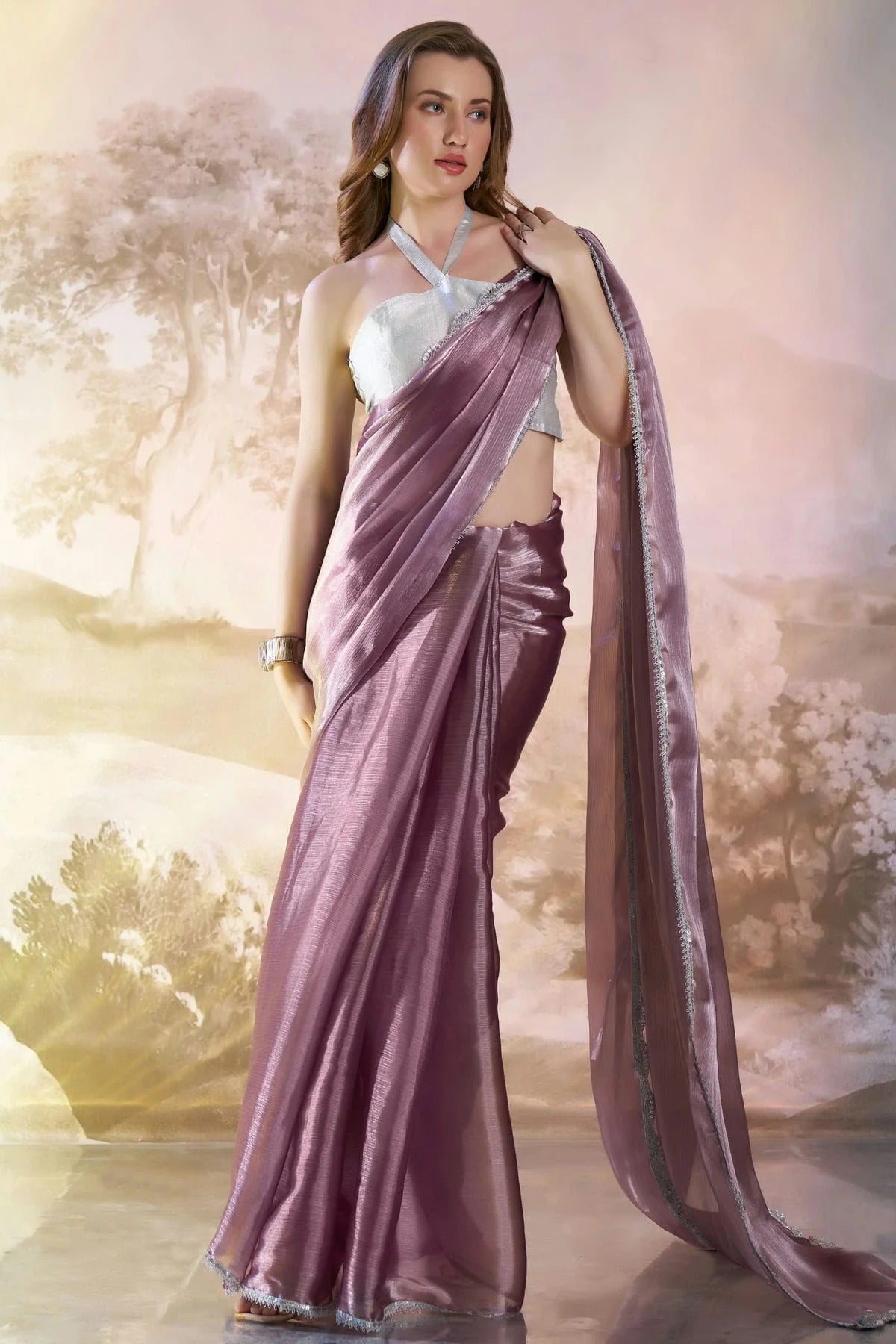 Wine Colour Burberry Organza Saree SD1112723