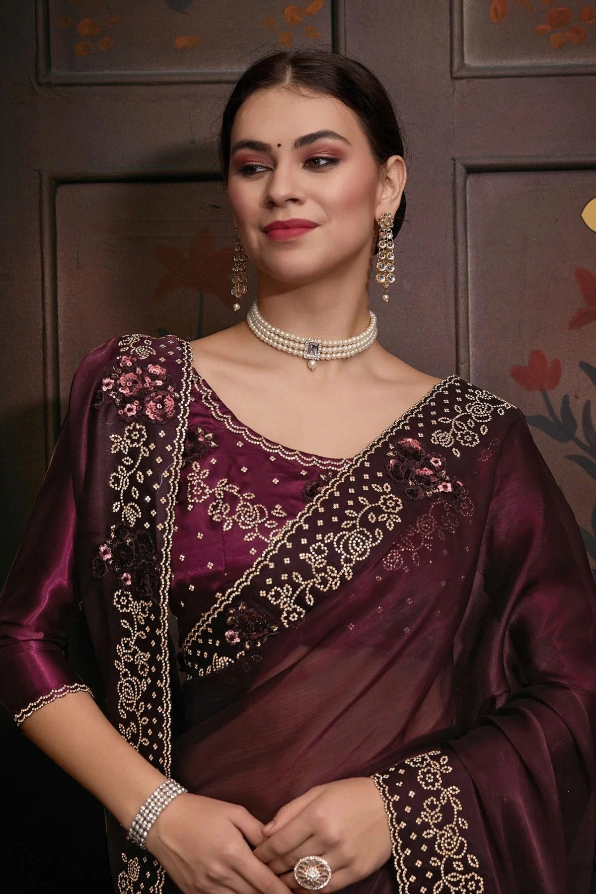 Wine Colour Burberry Silk Designer Saree LC1121748 A