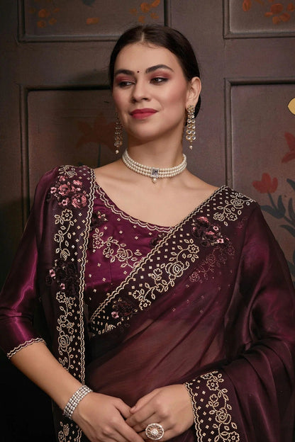 Wine Colour Burberry Silk Designer Saree LC1121748 A