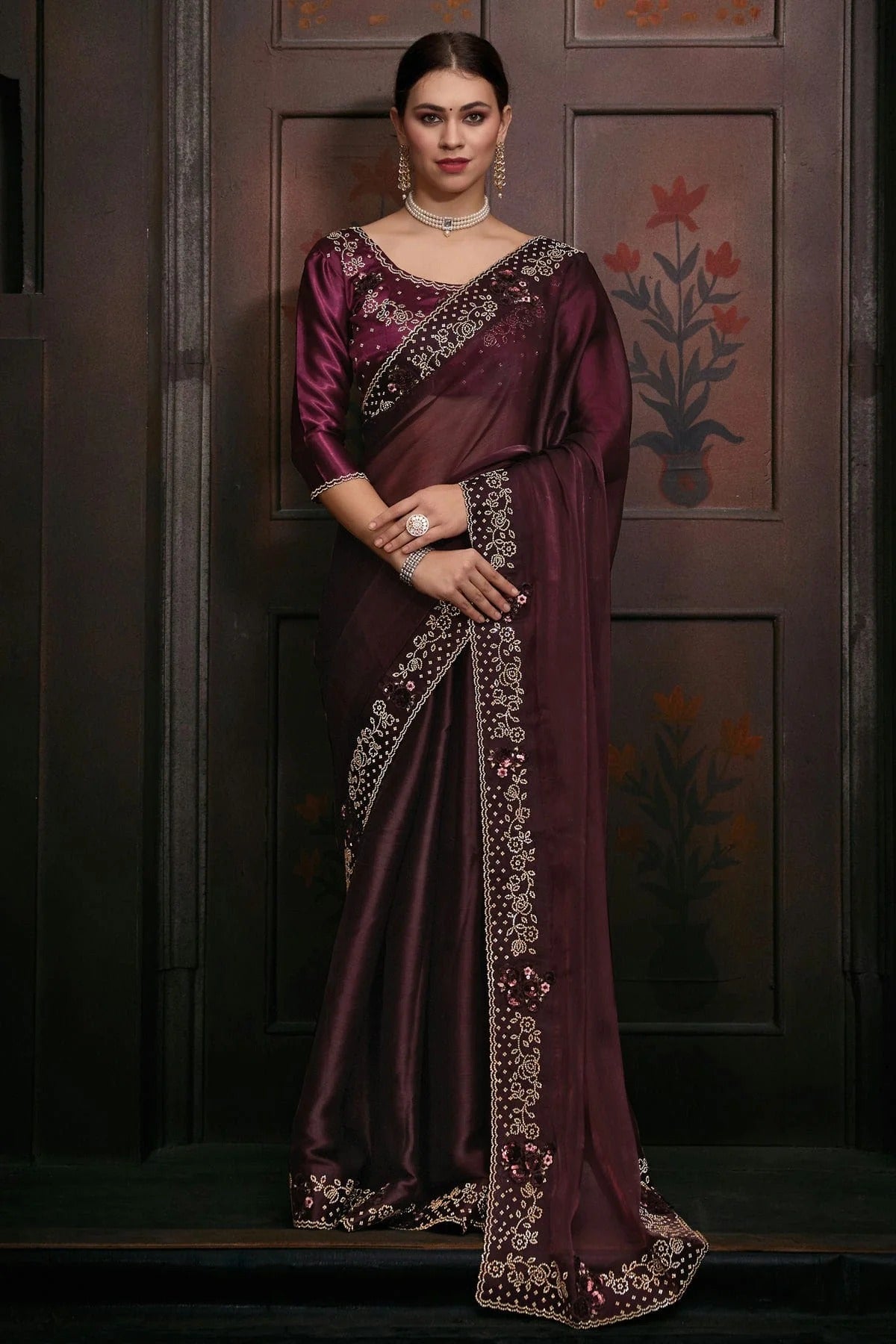 Wine Colour Burberry Silk Designer Saree LC1121748