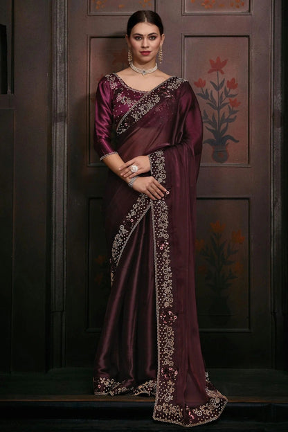 Wine Colour Burberry Silk Designer Saree LC1121748