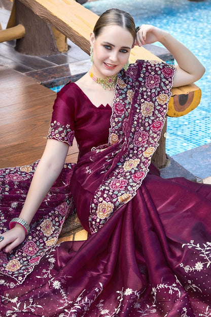 Wine Colour Burberry Silk Designer Saree SD1121854 A