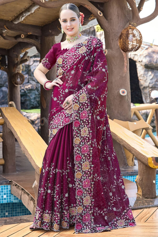 Wine Colour Burberry Silk Designer Saree SD1121854