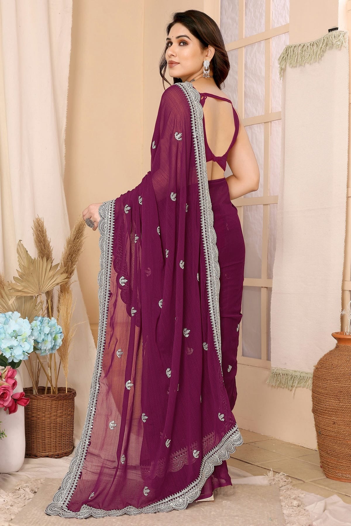 Wine Colour Chiffon Saree SD1110423 A